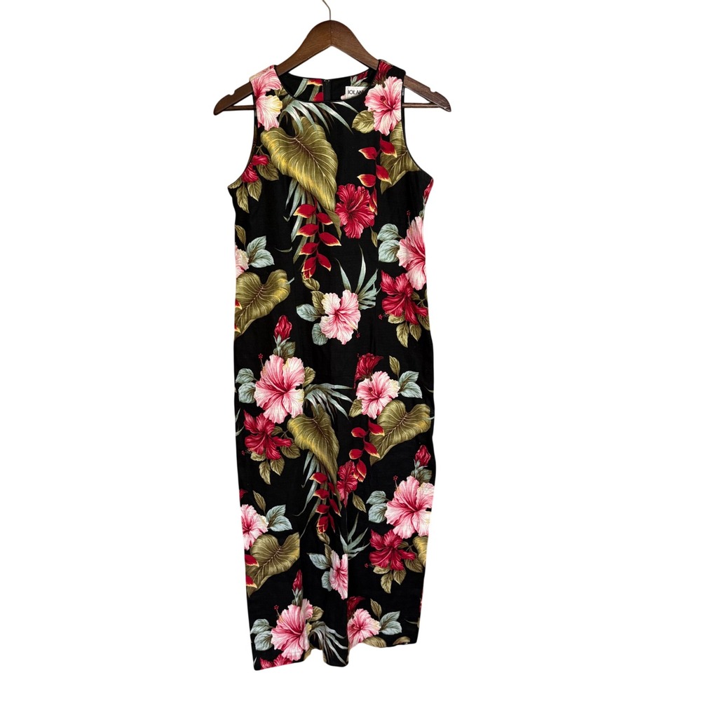 Iolani Hawaii Vintage Tropical Hibiscus Floral Maxi Dress Black Pink Large